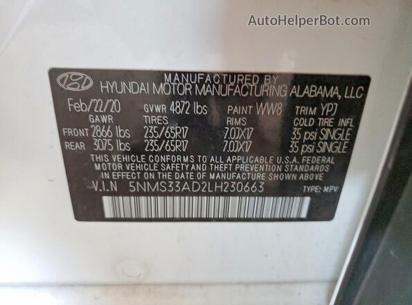 5NMS33AD2LH230663 2020 HYUNDAI SANTA Белый Вид подкапотного пространства