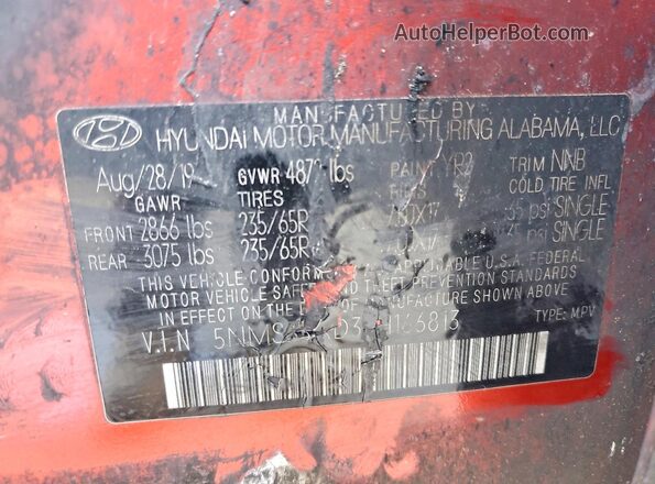 5NMS33AD3LH166813 2020 HYUNDAI SANTA Пожар Вид наклейки с VIN-кодом