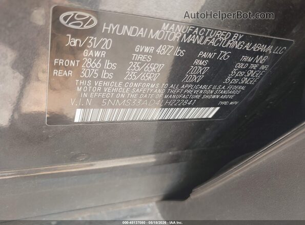5NMS33AD4LH222841 2020 HYUNDAI SANTA FE Gray Widok komory silnika
