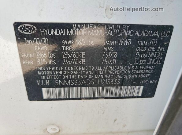 5NMS33AD5LH215333 2020 HYUNDAI SANTA Белый Вид наклейки с VIN-кодом