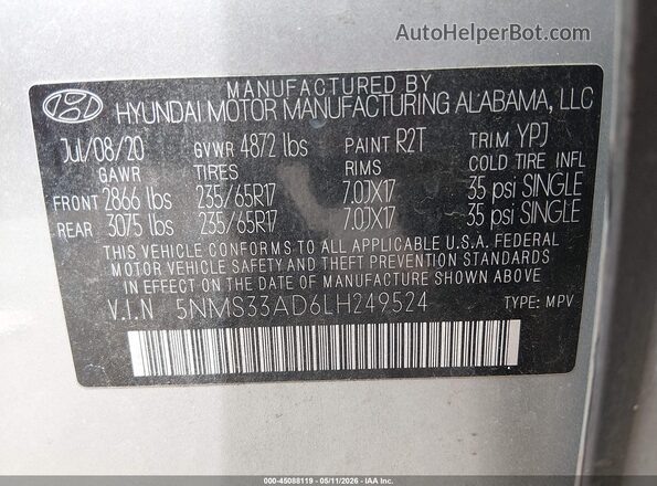 5NMS33AD6LH249524 2020 HYUNDAI SANTA FE Silver Vista del compartimento del motor