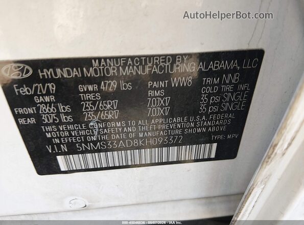 5NMS33AD8KH093372 2019 HYUNDAI SANTA FE White Widok komory silnika