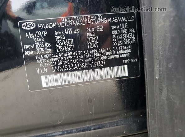 5NMS33AD8KH131327 2019 HYUNDAI SANTA Черный Панорамный вид салона 360°