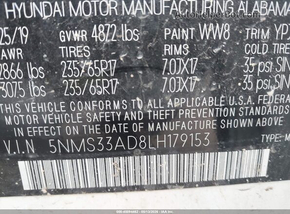 5NMS33AD8LH179153 2020 HYUNDAI SANTA FE Белый Вид подкапотного пространства