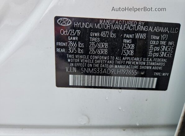 5NMS33AD9LH192655 2020 HYUNDAI SANTA Белый Панорамный вид салона 360°
