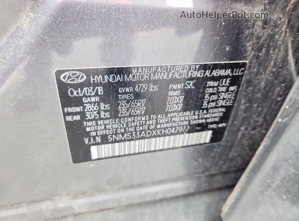 5NMS33ADXKH047977 2019 HYUNDAI SANTA Серый Панорамный вид салона 360°