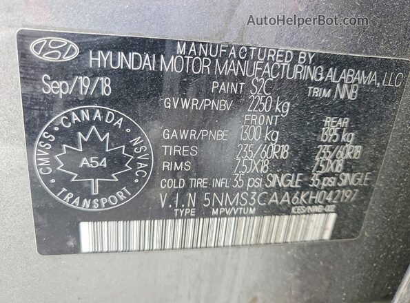 5NMS3CAA6KH042197 2019 HYUNDAI SANTA Серый Вид наклейки с VIN-кодом