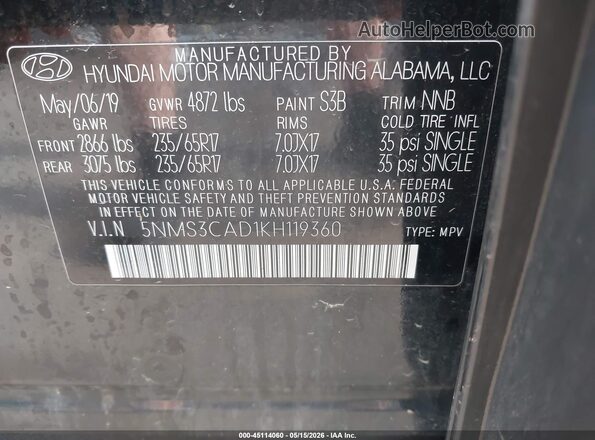 5NMS3CAD1KH119360 2019 HYUNDAI SANTA FE Black Շարժիչի բաժամունքի տեսք