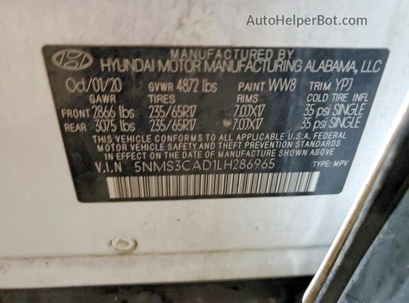 5NMS3CAD1LH286965 2020 HYUNDAI SANTA White VIN sticker view