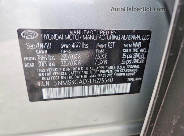 5NMS3CAD2LH275540 2020 HYUNDAI SANTA Silver VIN კოდის სტიკერის ხედი