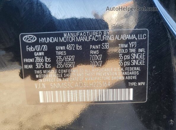 5NMS3CAD3LH225164 2020 HYUNDAI SANTA Black Widok wnętrza 360 stopni