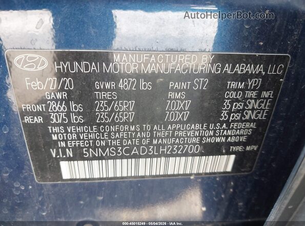 5NMS3CAD3LH232700 2020 HYUNDAI SANTA FE Dark Blue Engine compartment view