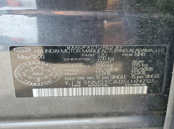 5NMS3CAD5LH242127 2020 HYUNDAI SANTA Серый Панорамный вид салона 360°