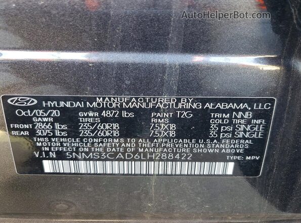 5NMS3CAD6LH288422 2020 HYUNDAI SANTA Угольный Вид наклейки с VIN-кодом