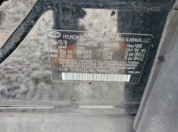 5NMS3CAD7KH004522 2019 HYUNDAI SANTA Черный Вид наклейки с VIN-кодом