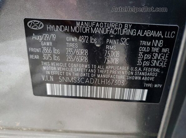 5NMS3CAD7LH167303 2020 HYUNDAI SANTA Серый Вид наклейки с VIN-кодом