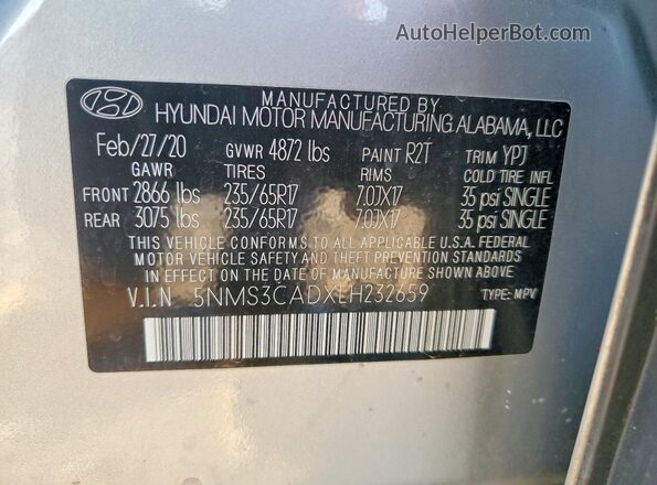 5NMS3CADXLH232659 2020 HYUNDAI SANTA Silver Widok naklejki z numerem VIN