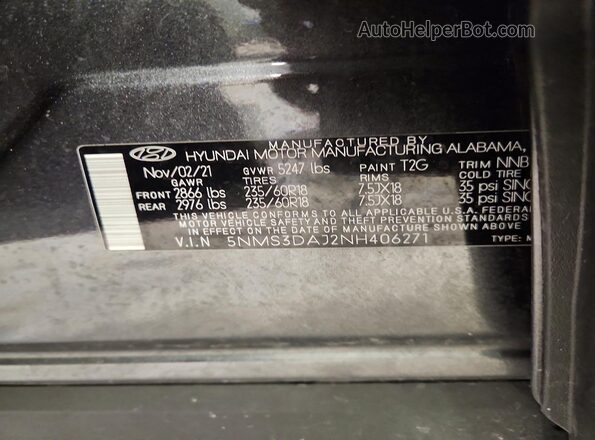 5NMS3DAJ2NH406271 2022 HYUNDAI SANTA Gray VIN sticker view