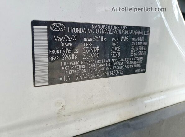 5NMS3DAJ7NH470712 2022 HYUNDAI SANTA White სალონის 360-გრადუსიანი ხედი