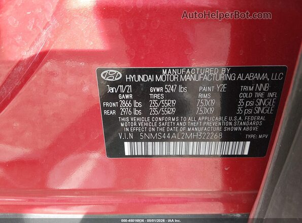 5NMS44AL2MH322268 2021 HYUNDAI SANTA FE Red ძრავის განყოფილების ხედი