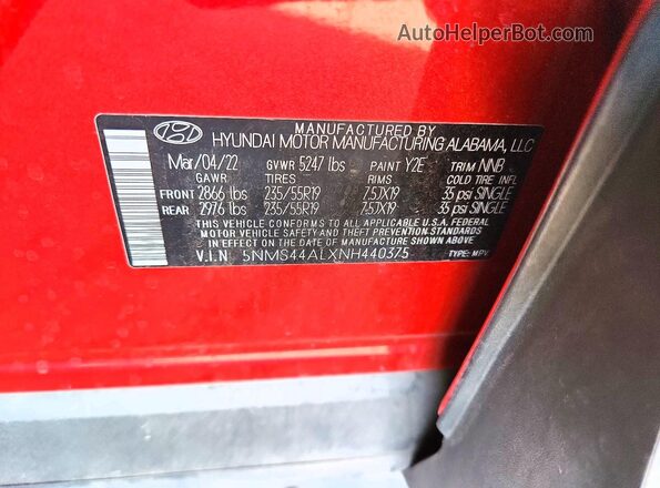 5NMS44ALXNH440375 2022 HYUNDAI SANTA Темно-бордовый Вид наклейки с VIN-кодом