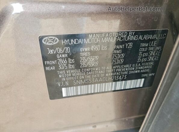 5NMS53AA0LH213473 2020 HYUNDAI SANTA Brown Vista del compartimento del motor