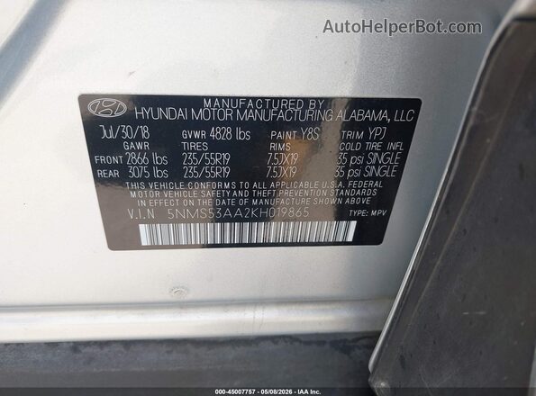 5NMS53AA2KH019865 2019 HYUNDAI SANTA FE Silver Вид підкапотного простору