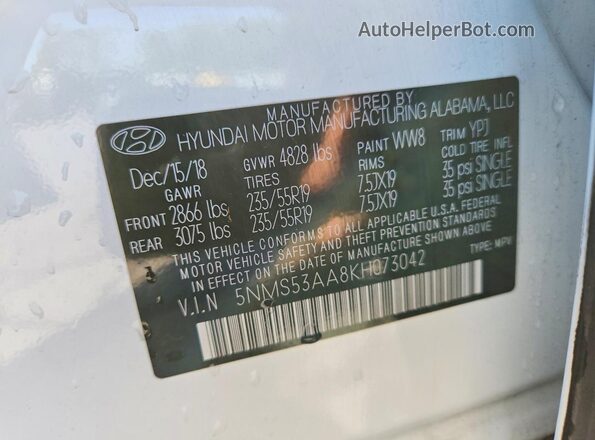 5NMS53AA8KH073042 2019 HYUNDAI SANTA White Widok naklejki z numerem VIN