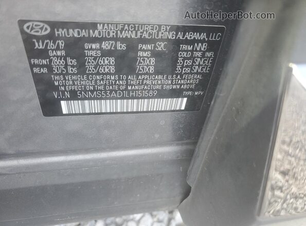 5NMS53AD1LH151589 2020 HYUNDAI SANTA Серый Вид наклейки с VIN-кодом