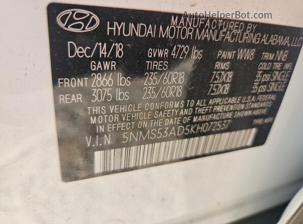 5NMS53AD5KH072537 2019 HYUNDAI SANTA Белый Вид наклейки с VIN-кодом