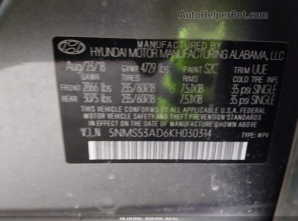 5NMS53AD6KH030314 2019 HYUNDAI SANTA FE Серый Вид подкапотного пространства