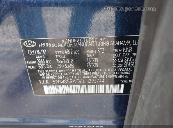 5NMS53AD6LH293744 2020 HYUNDAI SANTA FE Синий Вид подкапотного пространства