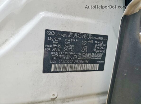 5NMS53AD7KH127182 2019 HYUNDAI SANTA Белый Вид наклейки с VIN-кодом