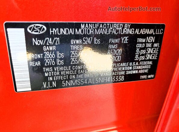 5NMS54AL5NH413338 2022 HYUNDAI SANTA Красный Вид подкапотного пространства