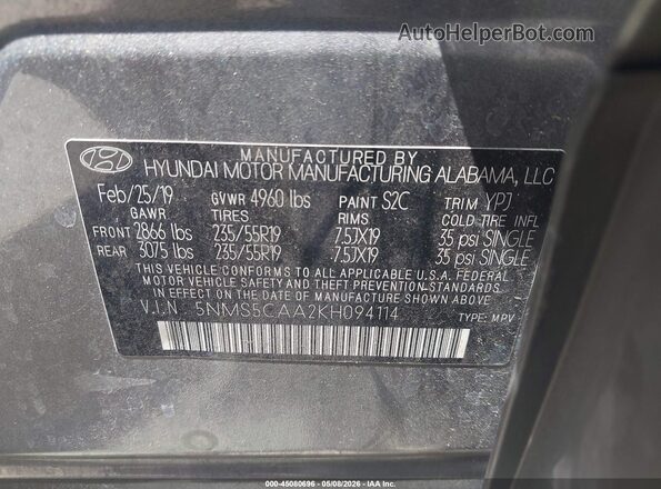 5NMS5CAA2KH094114 2019 HYUNDAI SANTA FE Серый Вид подкапотного пространства