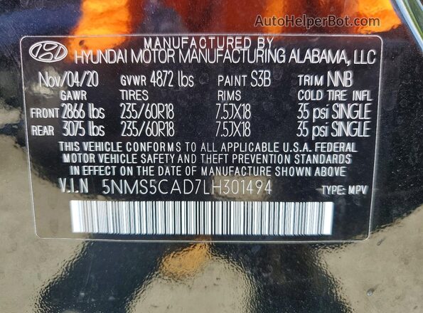 5NMS5CAD7LH301494 2020 HYUNDAI SANTA Черный Панорамный вид салона 360°
