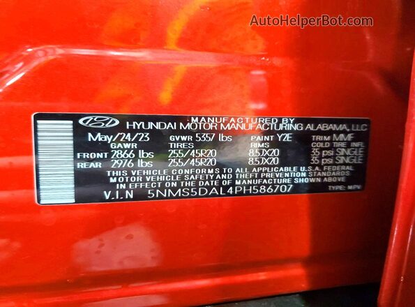 5NMS5DAL4PH586707 2023 HYUNDAI SANTA FE CALLIGRAPHY Красный Панорамный вид салона 360°