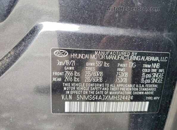 5NMS64AJXMH324424 2021 HYUNDAI SANTA Угольный Вид наклейки с VIN-кодом