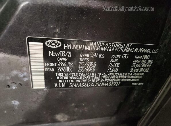 5NMS6DAJ0NH407927 2022 HYUNDAI SANTA Угольный Панорамный вид салона 360°