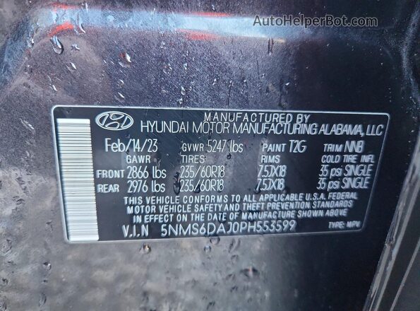 5NMS6DAJ0PH553599 2023 HYUNDAI SANTA Charcoal Widok naklejki z numerem VIN