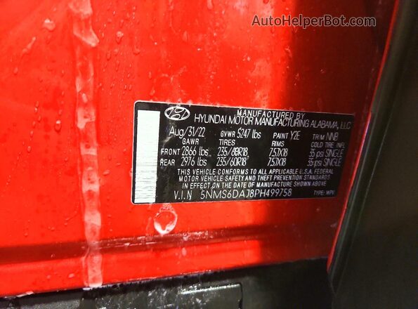 5NMS6DAJ8PH499758 2023 HYUNDAI SANTA Красный Вид наклейки с VIN-кодом