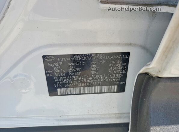 5NMZT3LB4JH073161 2018 HYUNDAI SANTA Белый Вид наклейки с VIN-кодом