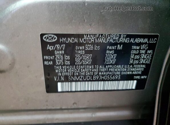 5NMZUDLB9JH055693 2018 HYUNDAI SANTA Желто-коричневый Вид наклейки с VIN-кодом