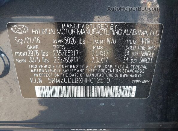 5NMZUDLBXHH012510 2017 HYUNDAI SANTA FE SPORT Серый Вид подкапотного пространства