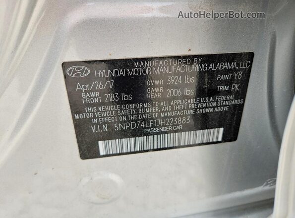 5NPD74LF1JH223883 2018 HYUNDAI ELANTRA Gray VIN sticker view