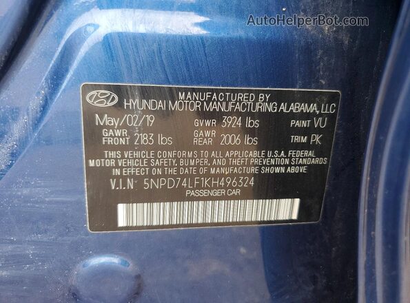 5NPD74LF1KH496324 2019 HYUNDAI ELANTRA Blue Widok komory silnika