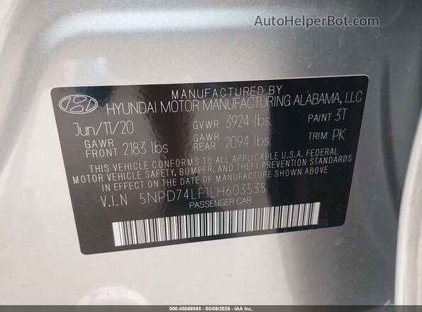 5NPD74LF1LH603535 2020 HYUNDAI ELANTRA Silver Widok komory silnika