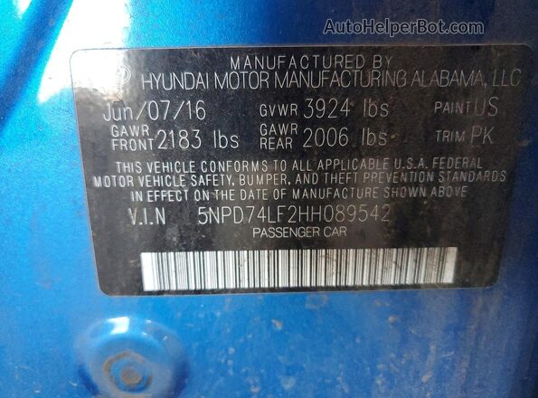 5NPD74LF2HH089542 2017 HYUNDAI ELANTRA Синий Вид подкапотного пространства