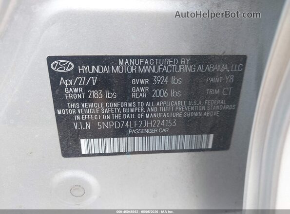 5NPD74LF2JH224153 2018 HYUNDAI ELANTRA Silver Widok komory silnika