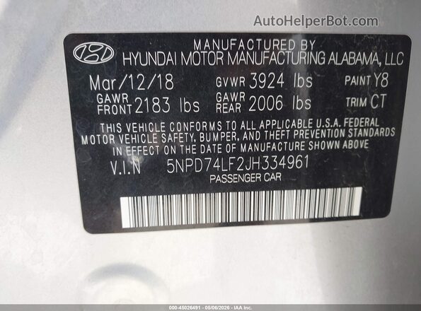 5NPD74LF2JH334961 2018 HYUNDAI ELANTRA Silver Widok komory silnika